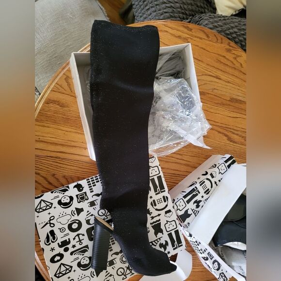 NIB Over Knee Thigh High Boots Block Heel Black with Gold Glitter Flecks - Picture 5 of 8